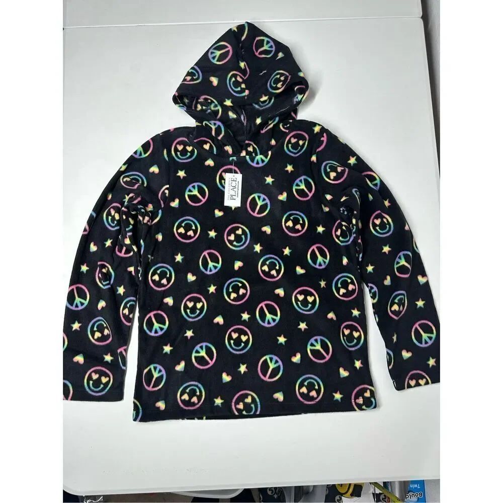 NWT The Children’s Place Girls Print Fleece Hoodie Black Size L (10-12)